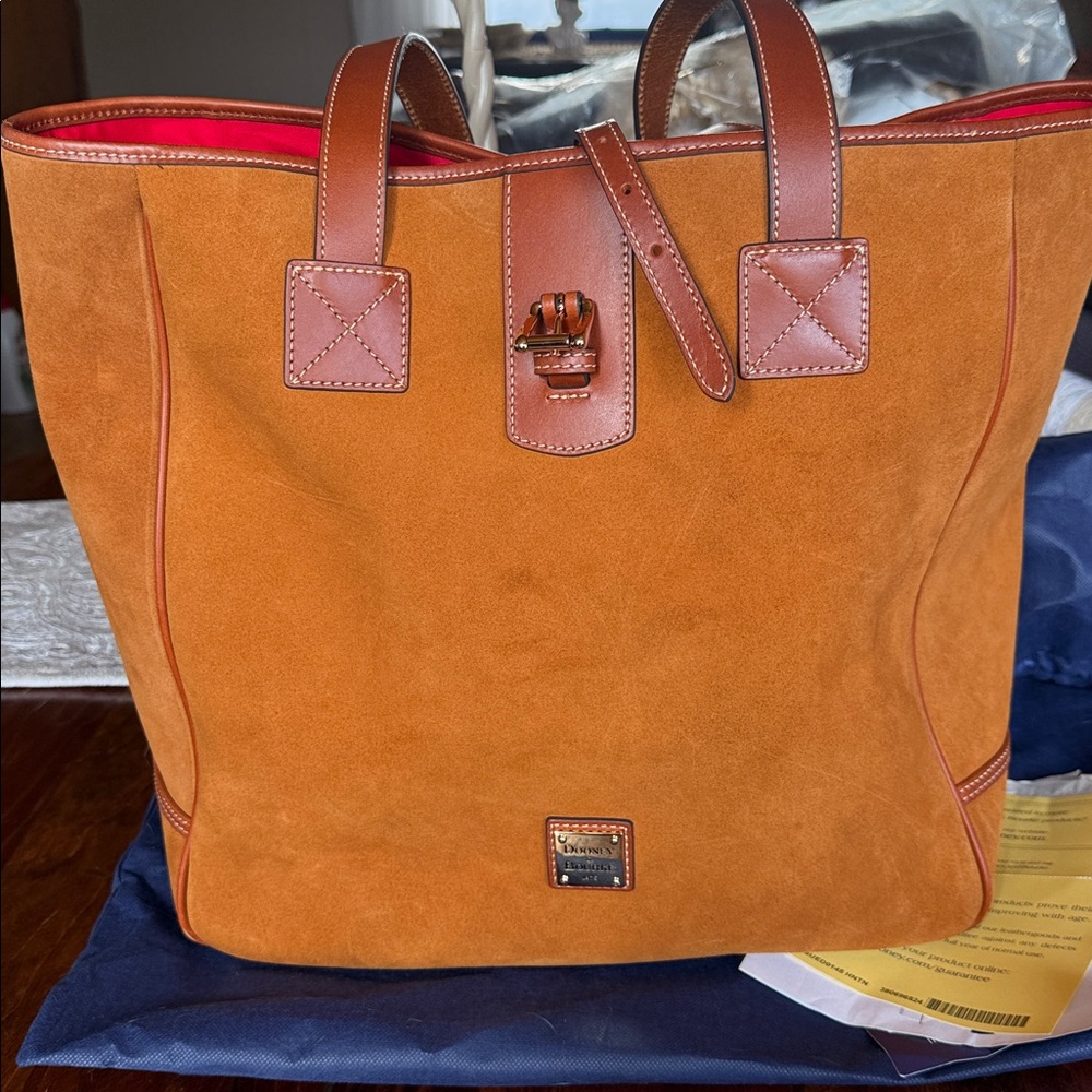 Dooney & Bourke Cognac Suede Tote with Red Lining - Picture 2 of 9